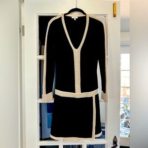 Reiss long sleeve sweater dress in black with cream detail.